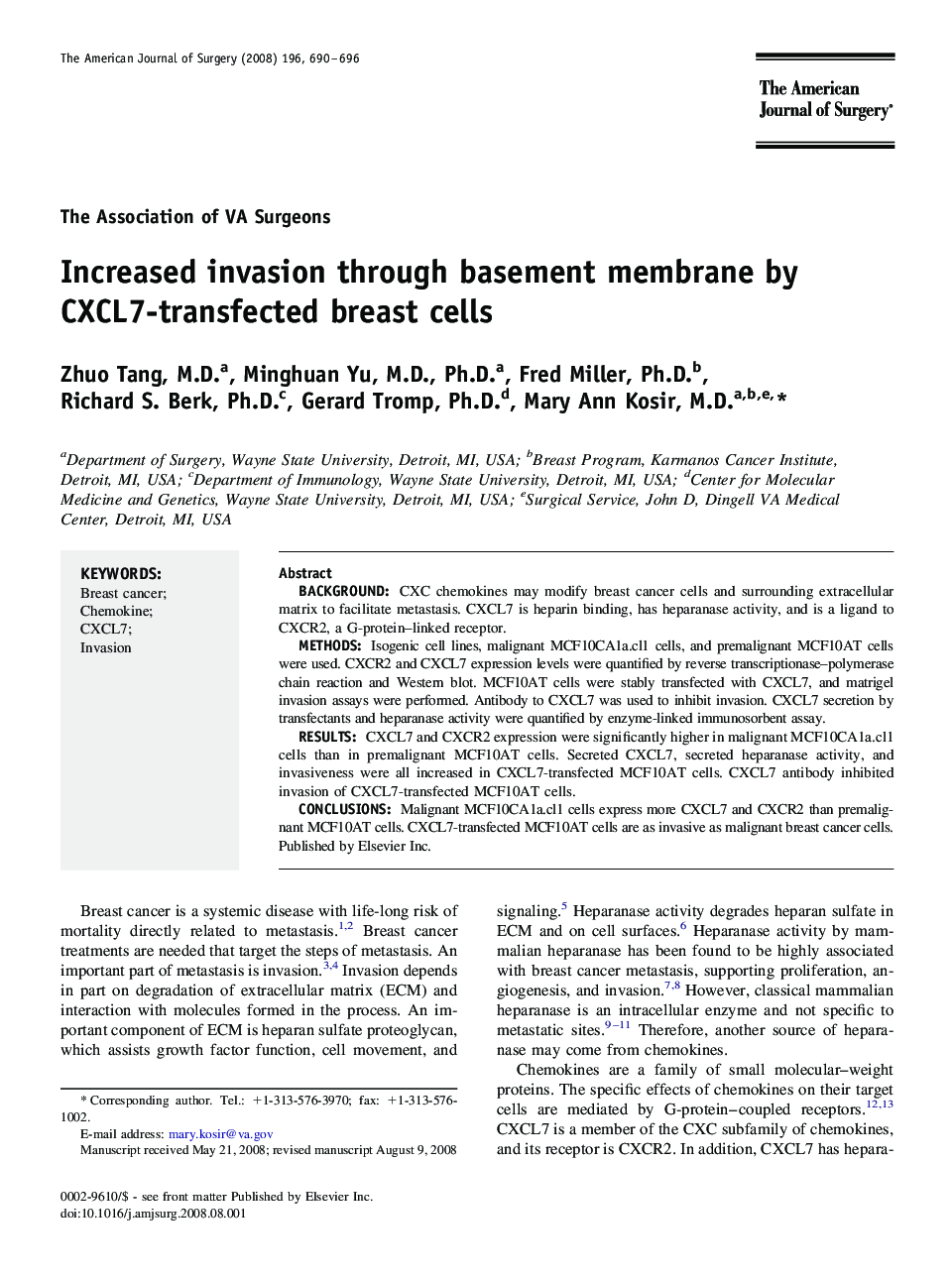 Increased invasion through basement membrane by CXCL7-transfected breast cells
