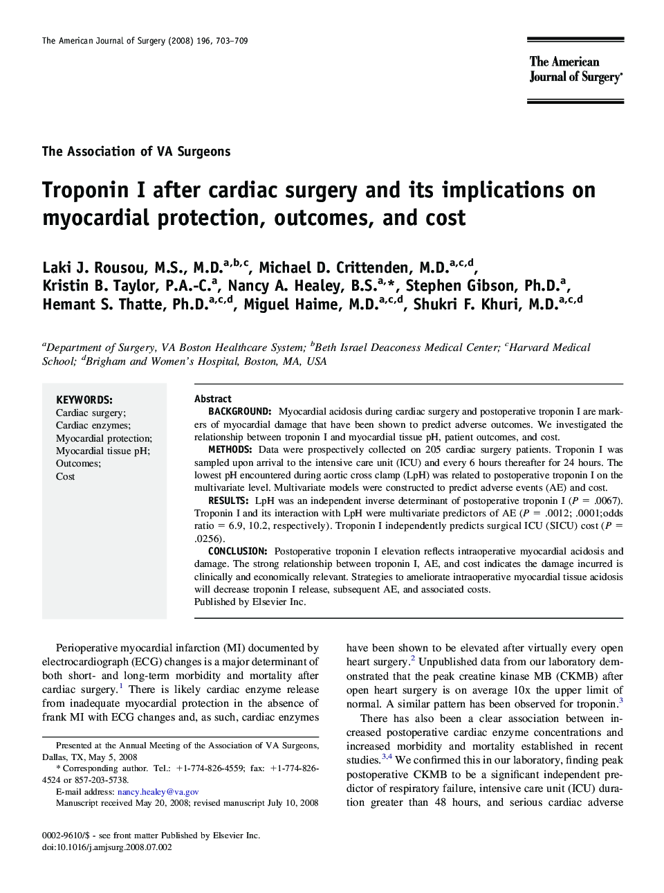 Troponin I after cardiac surgery and its implications on myocardial protection, outcomes, and cost