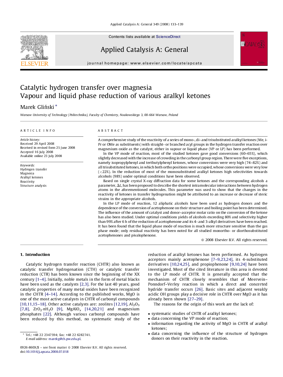 Catalytic hydrogen transfer over magnesia: Vapour and liquid phase reduction of various aralkyl ketones