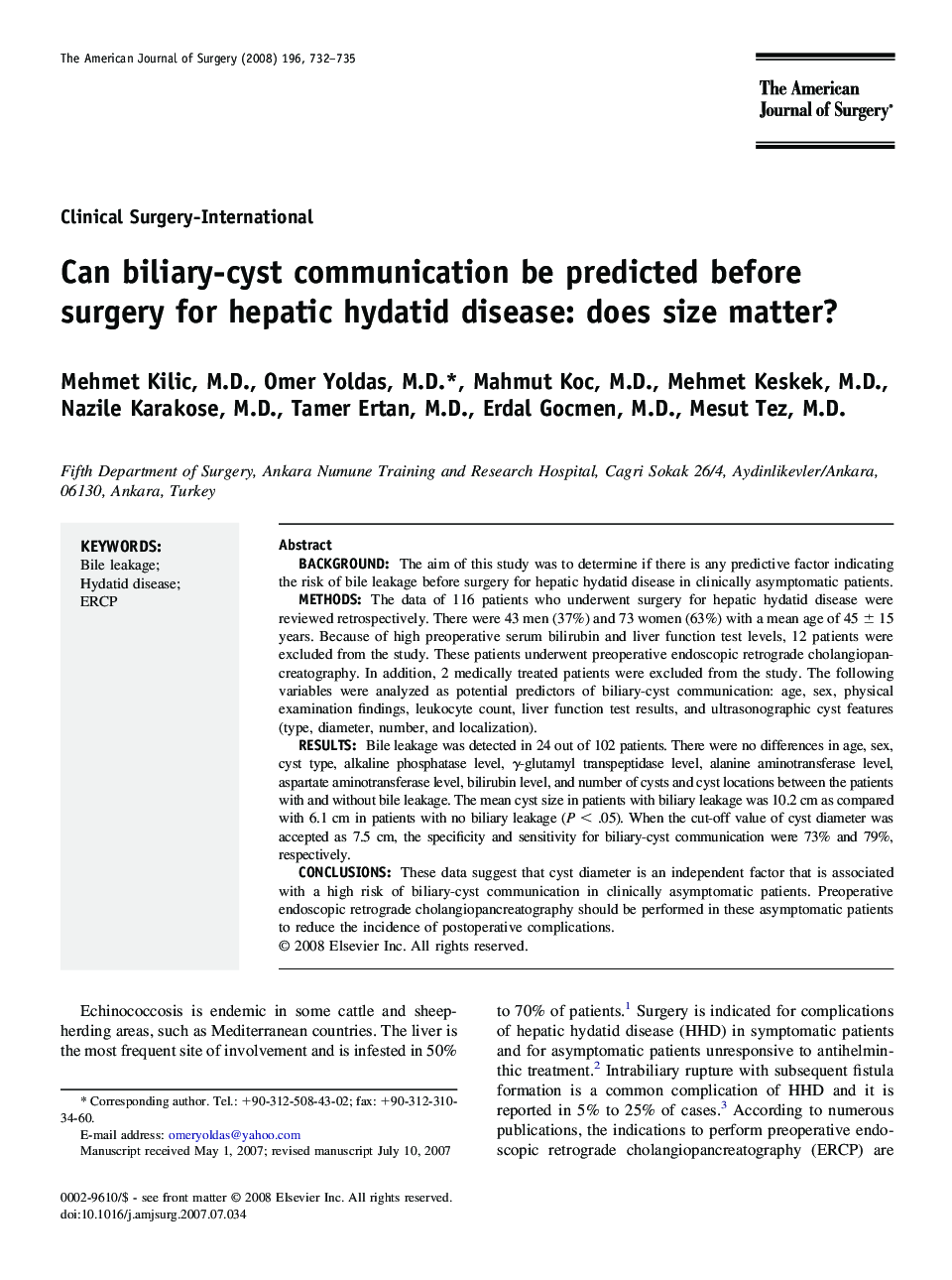 Can biliary-cyst communication be predicted before surgery for hepatic hydatid disease: does size matter?