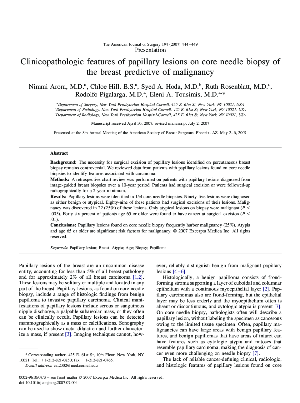 Clinicopathologic features of papillary lesions on core needle biopsy of the breast predictive of malignancy