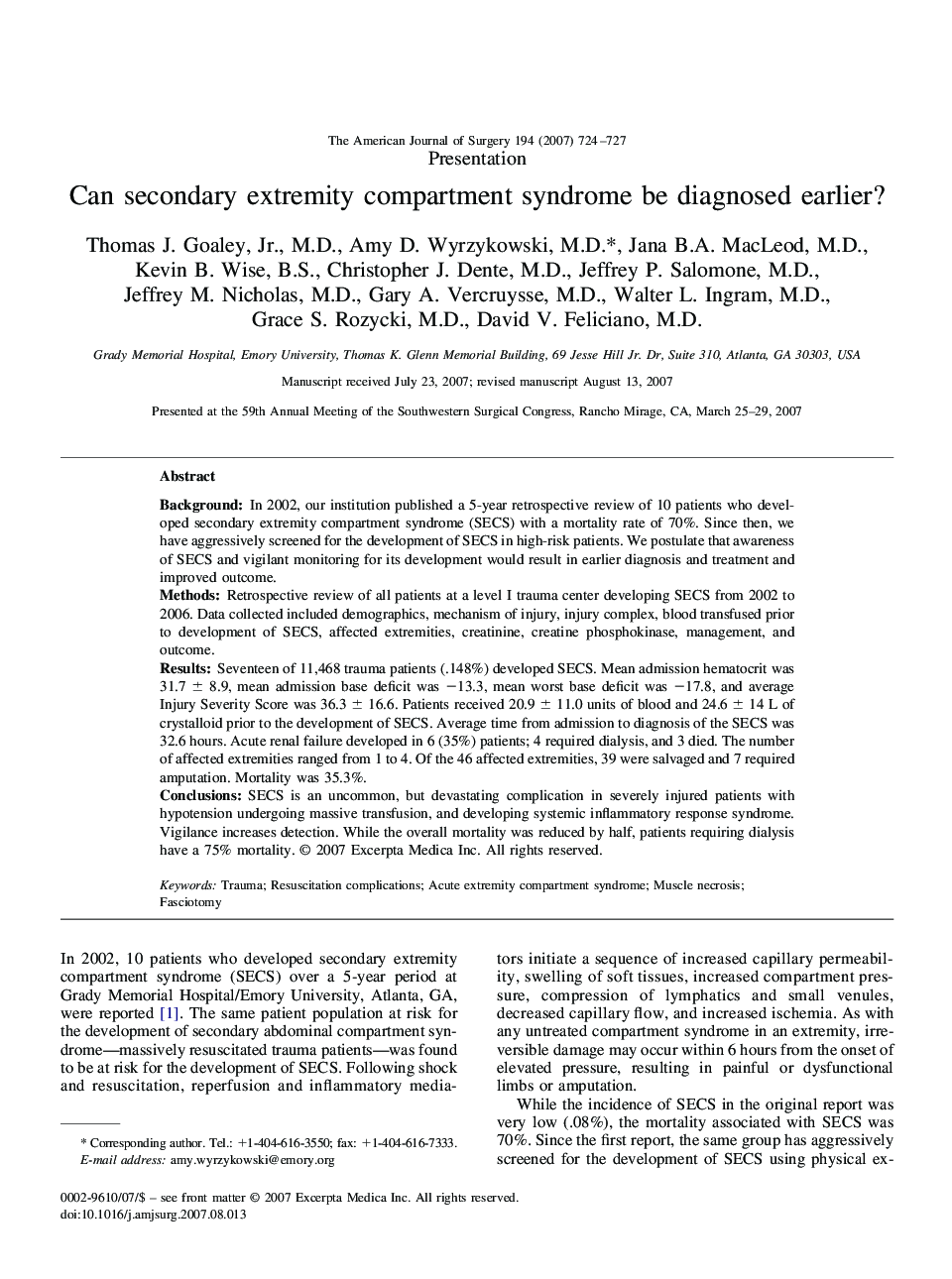 Can secondary extremity compartment syndrome be diagnosed earlier?