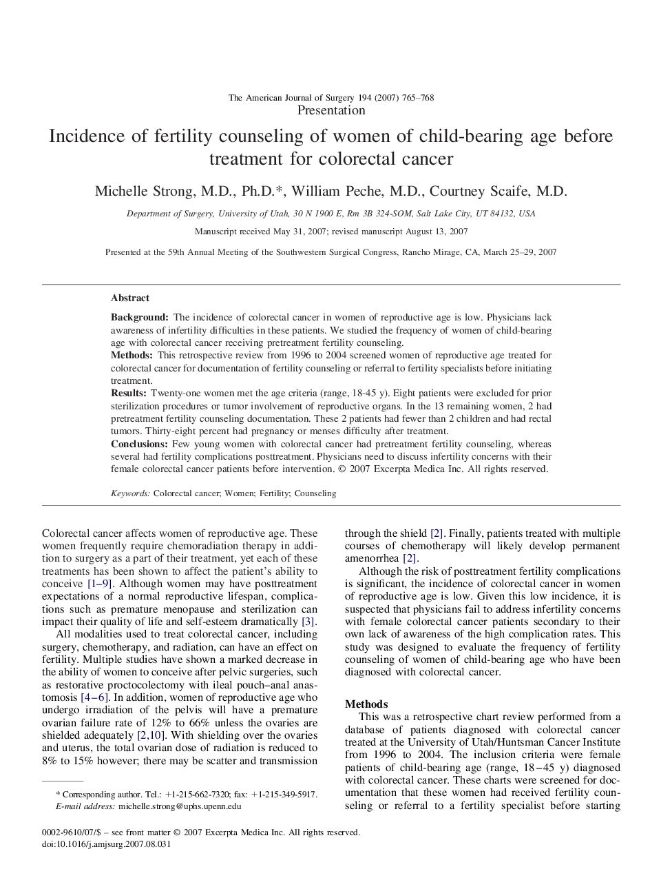 Incidence of fertility counseling of women of child-bearing age before treatment for colorectal cancer
