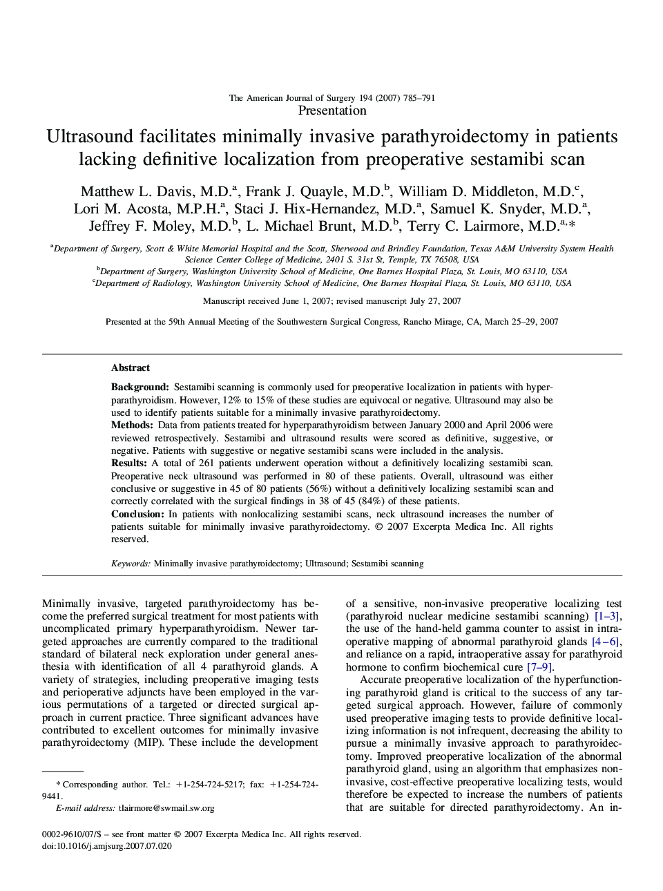 Ultrasound facilitates minimally invasive parathyroidectomy in patients lacking definitive localization from preoperative sestamibi scan