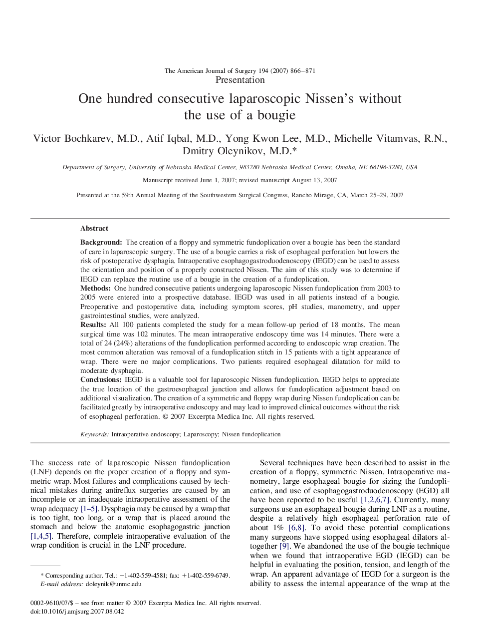 One hundred consecutive laparoscopic Nissen’s without the use of a bougie