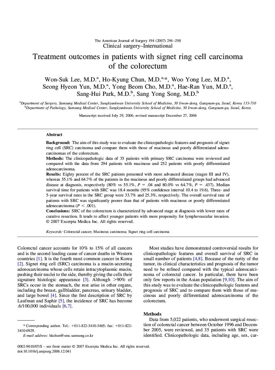 Treatment outcomes in patients with signet ring cell carcinoma of the colorectum