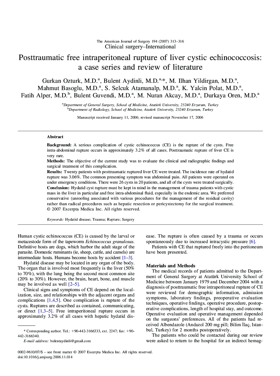 Posttraumatic free intraperitoneal rupture of liver cystic echinococcosis: a case series and review of literature