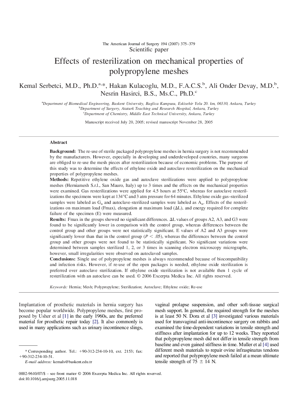 Effects of resterilization on mechanical properties of polypropylene meshes