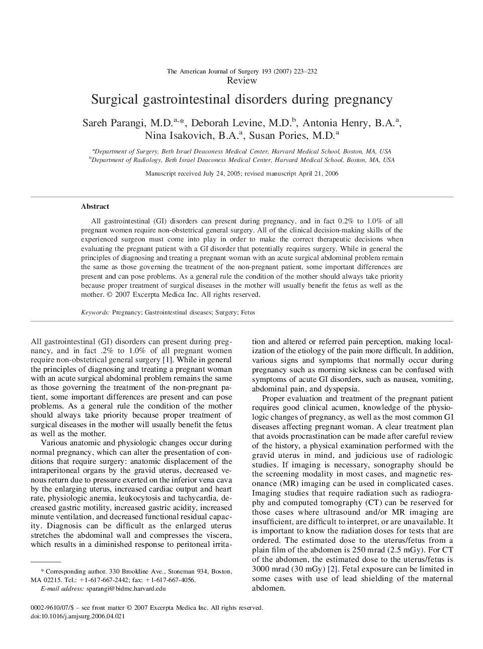 Surgical gastrointestinal disorders during pregnancy