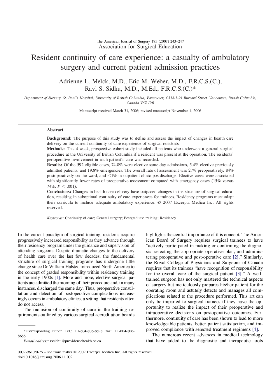 Resident continuity of care experience: a casualty of ambulatory surgery and current patient admission practices