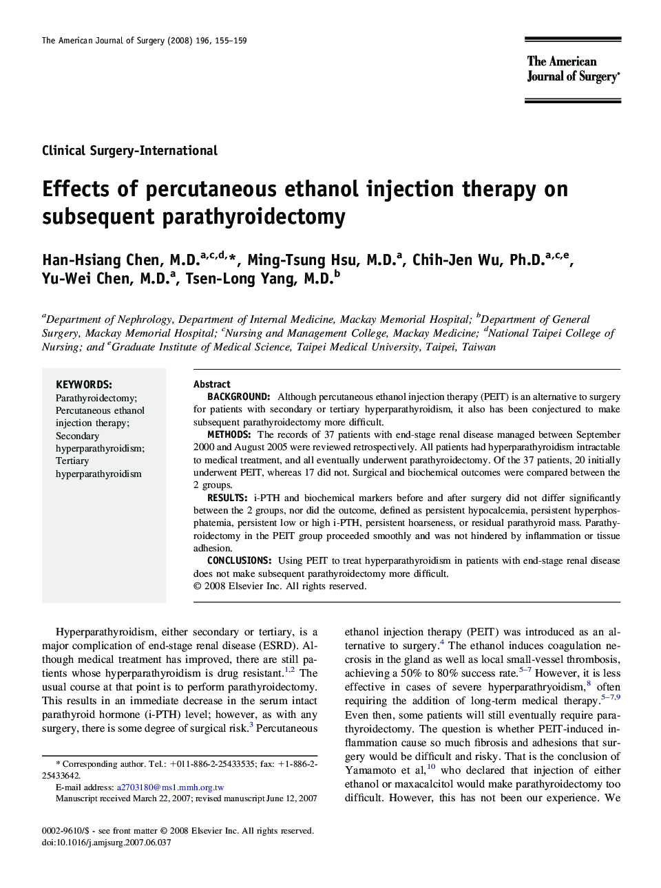 Effects of percutaneous ethanol injection therapy on subsequent parathyroidectomy