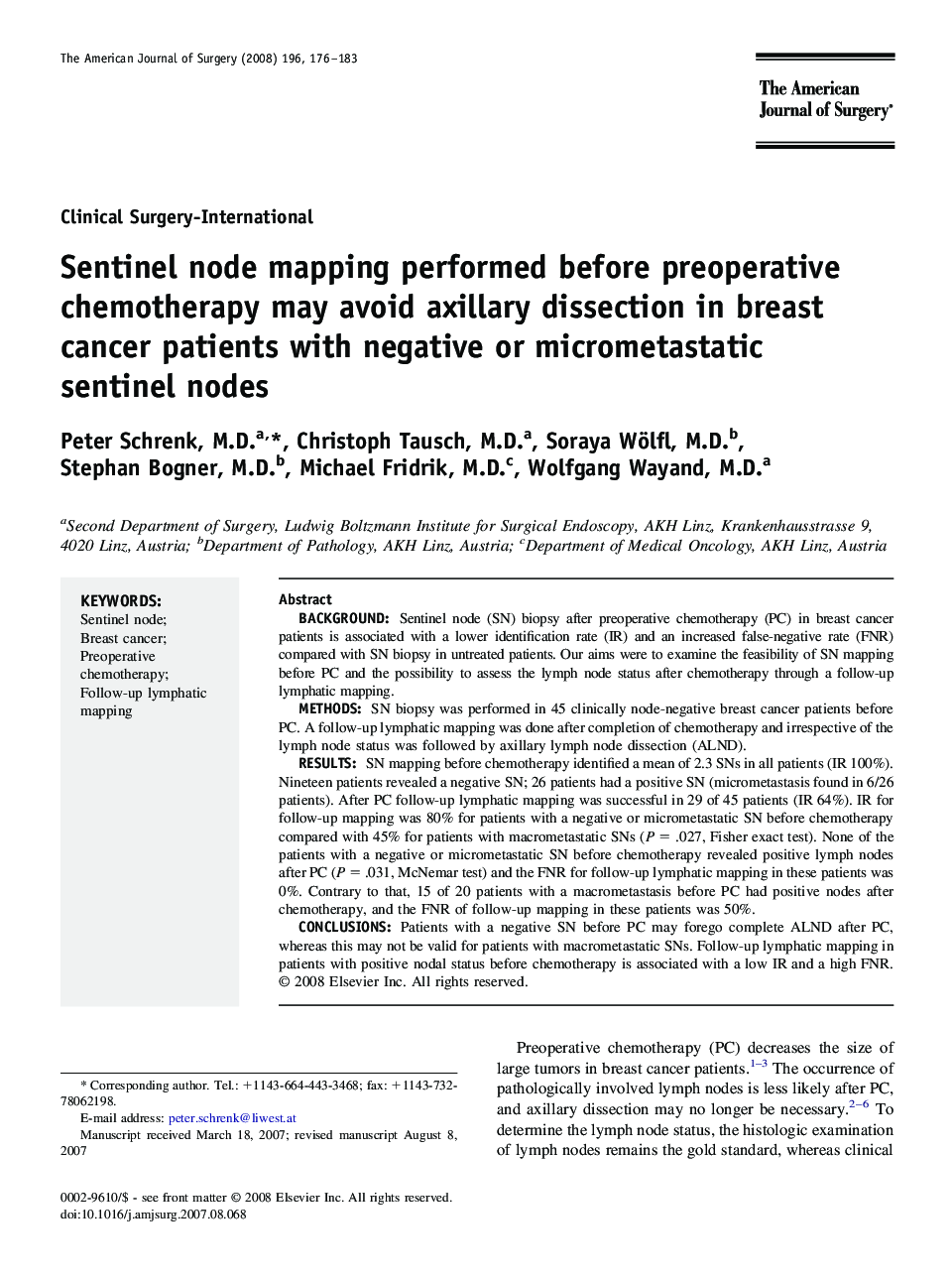 Sentinel node mapping performed before preoperative chemotherapy may avoid axillary dissection in breast cancer patients with negative or micrometastatic sentinel nodes