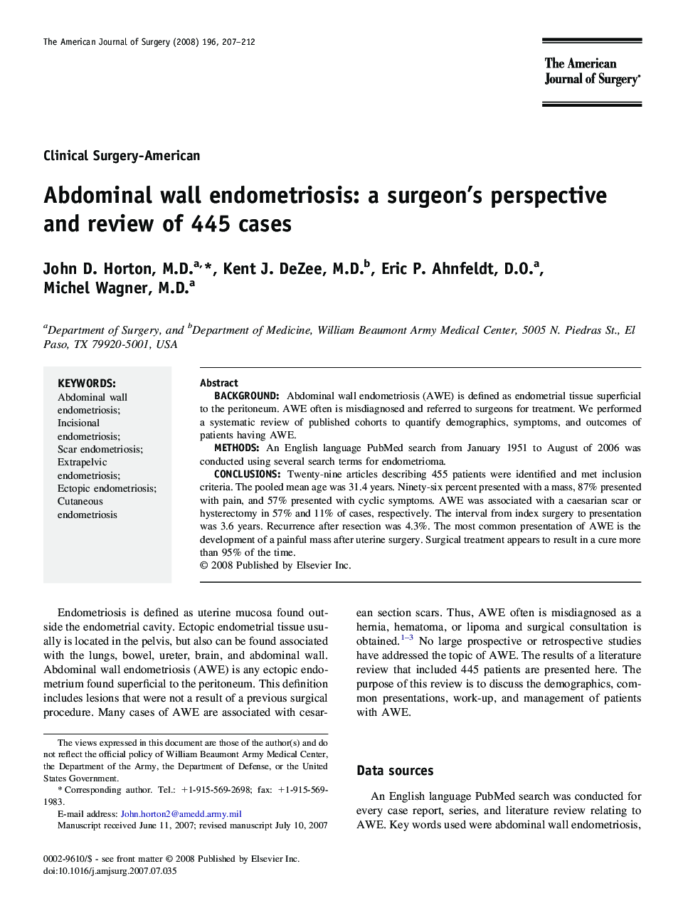 Abdominal wall endometriosis: a surgeon's perspective and review of 445 cases 