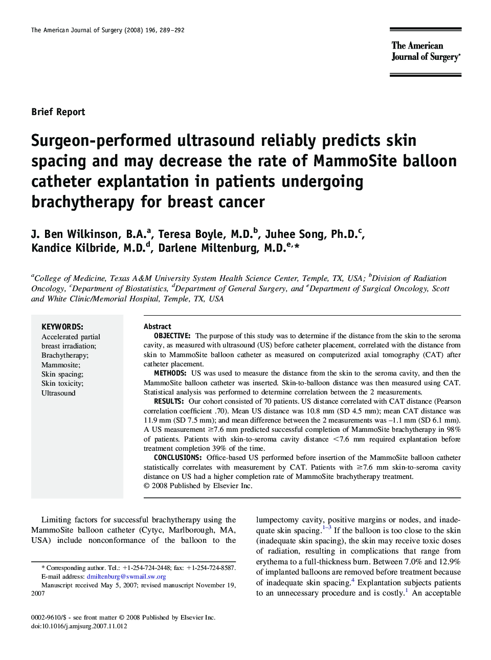 Surgeon-performed ultrasound reliably predicts skin spacing and may decrease the rate of MammoSite balloon catheter explantation in patients undergoing brachytherapy for breast cancer