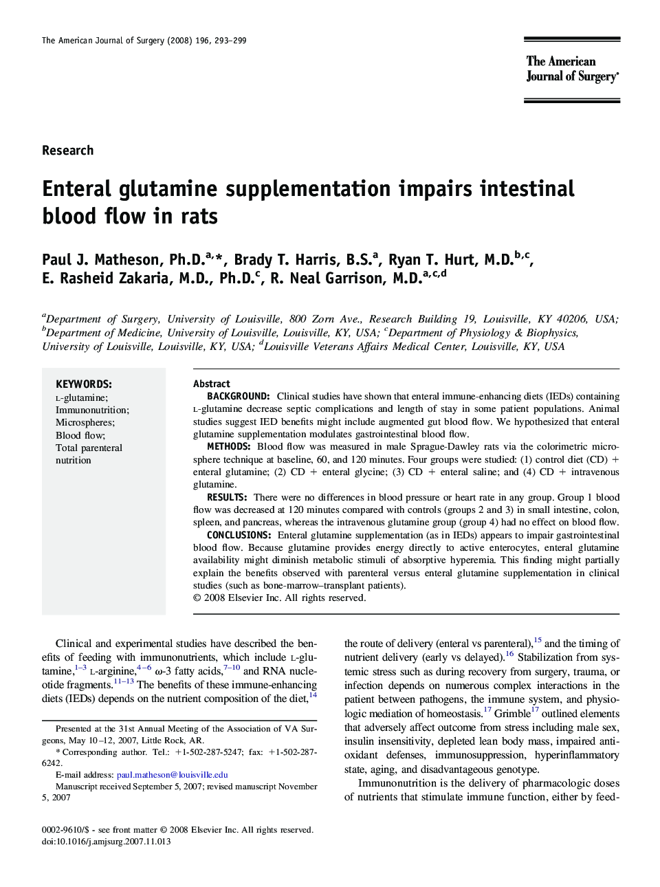 Enteral glutamine supplementation impairs intestinal blood flow in rats