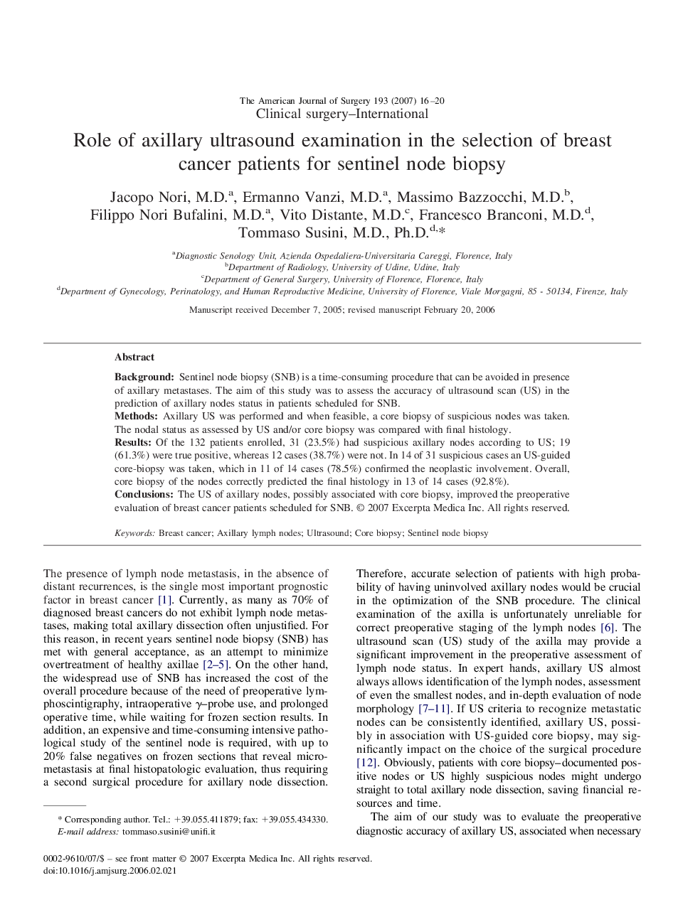 Role of axillary ultrasound examination in the selection of breast cancer patients for sentinel node biopsy