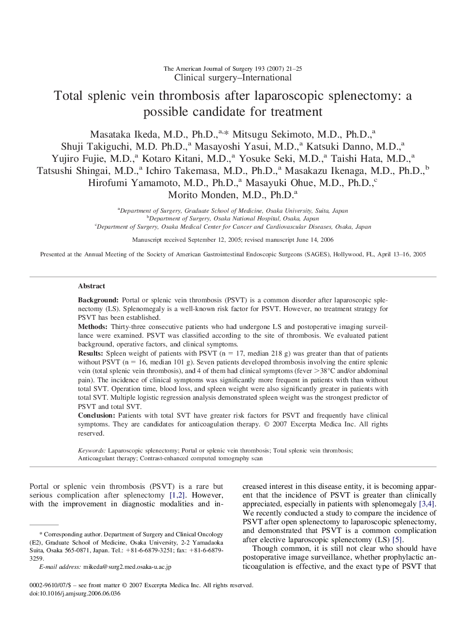 Total splenic vein thrombosis after laparoscopic splenectomy: a possible candidate for treatment