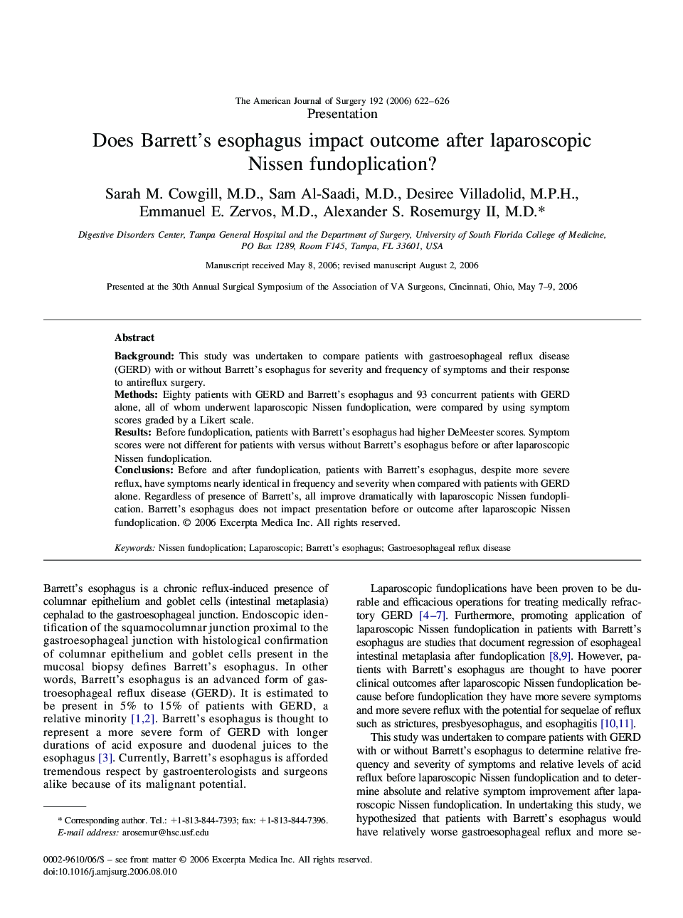 Does Barrett’s esophagus impact outcome after laparoscopic Nissen fundoplication?