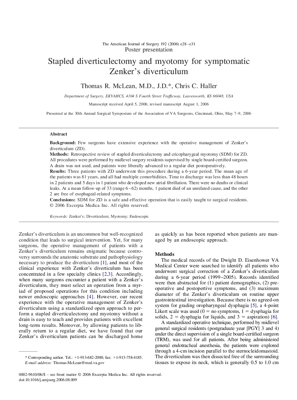 Stapled diverticulectomy and myotomy for symptomatic Zenker’s diverticulum