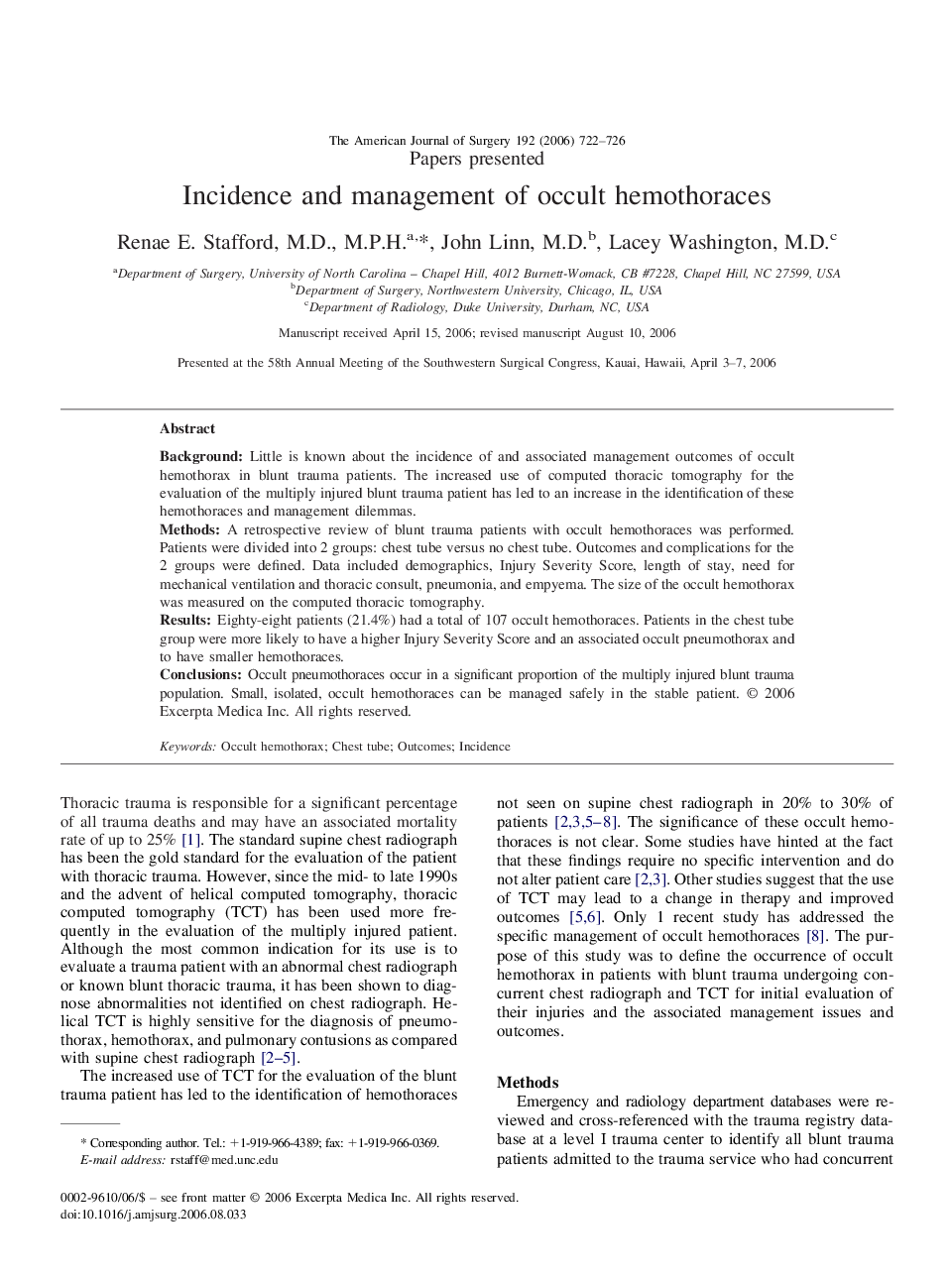 Incidence and management of occult hemothoraces