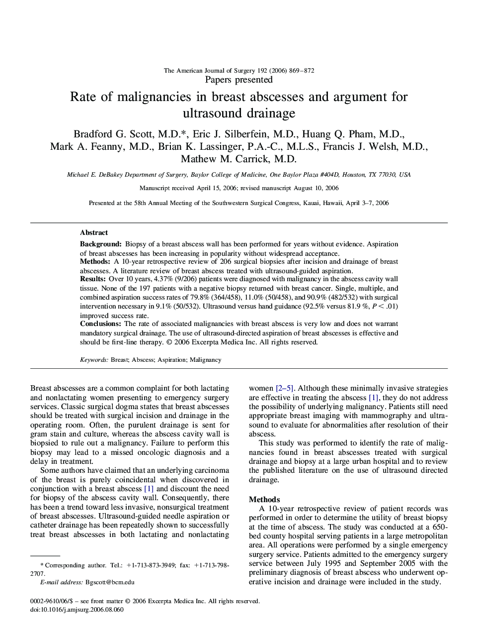 عکس صفحه اول مقاله: Rate of malignancies in breast abscesses and argument for ultrasound drainage Rate of malignancies in breast abscesses and argument for ultrasound drainage