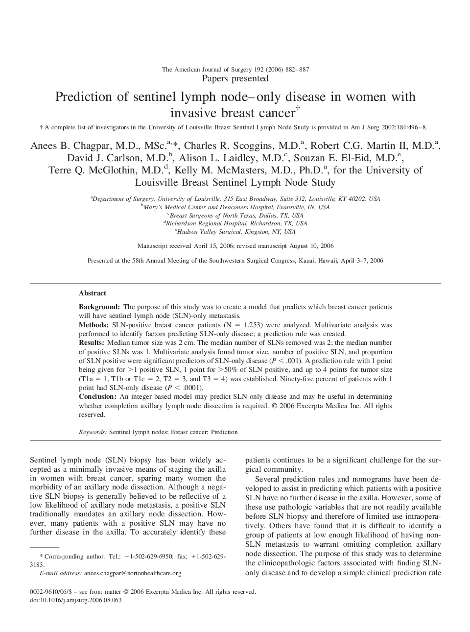 Prediction of sentinel lymph node–only disease in women with invasive breast cancer†