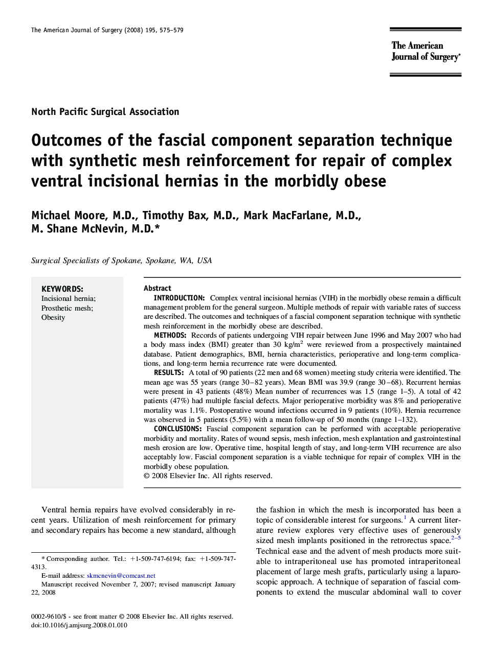 Outcomes of the fascial component separation technique with synthetic mesh reinforcement for repair of complex ventral incisional hernias in the morbidly obese