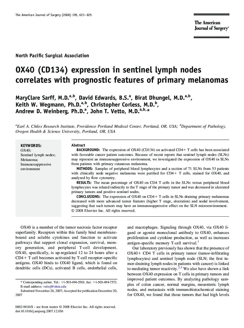 OX40 (CD134) expression in sentinel lymph nodes correlates with prognostic features of primary melanomas