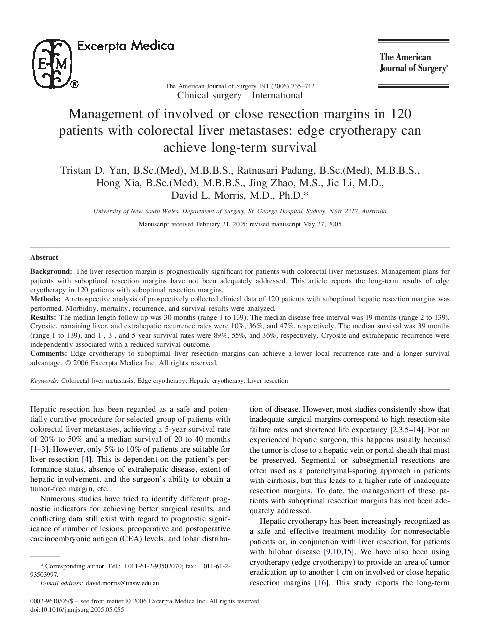 Management of involved or close resection margins in 120 patients with colorectal liver metastases: edge cryotherapy can achieve long-term survival