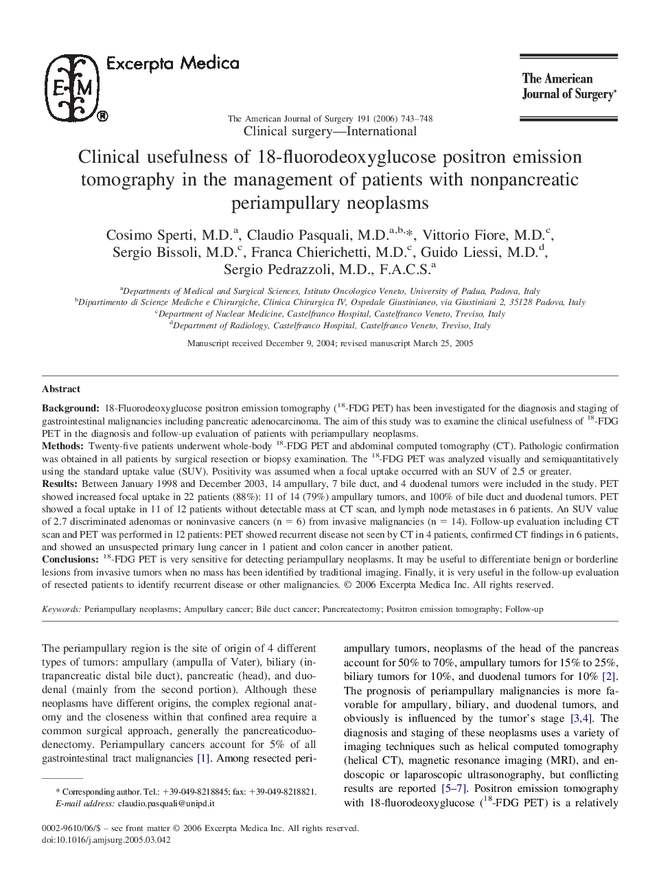 Clinical usefulness of 18-fluorodeoxyglucose positron emission tomography in the management of patients with nonpancreatic periampullary neoplasms