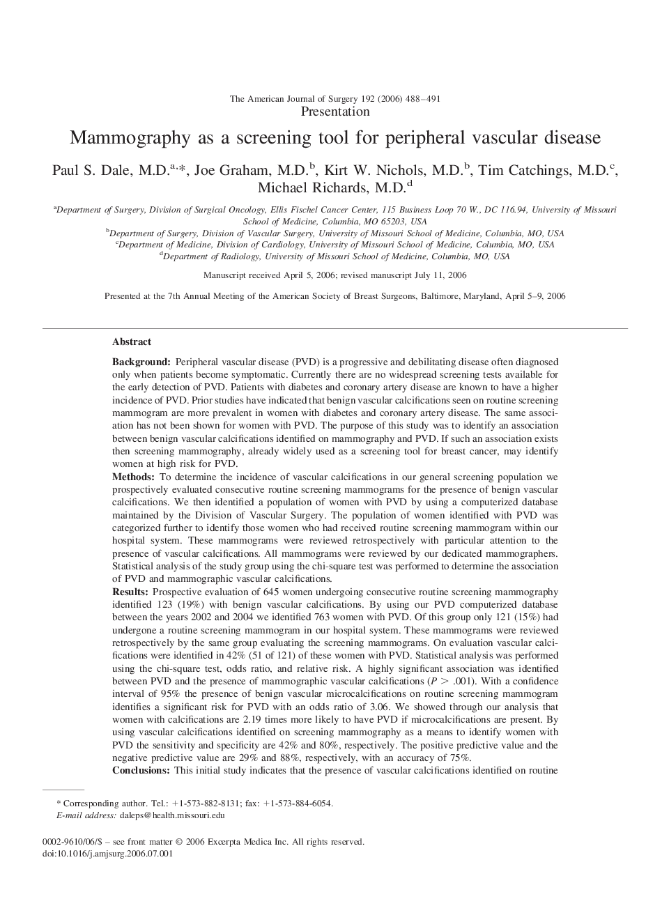 Mammography as a screening tool for peripheral vascular disease