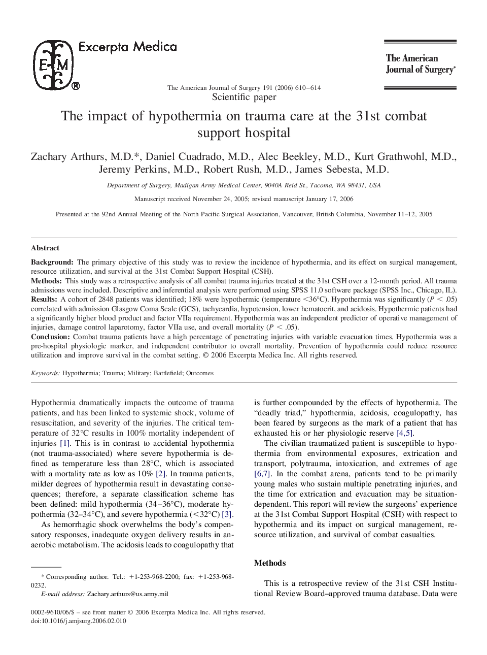 The impact of hypothermia on trauma care at the 31st combat support hospital