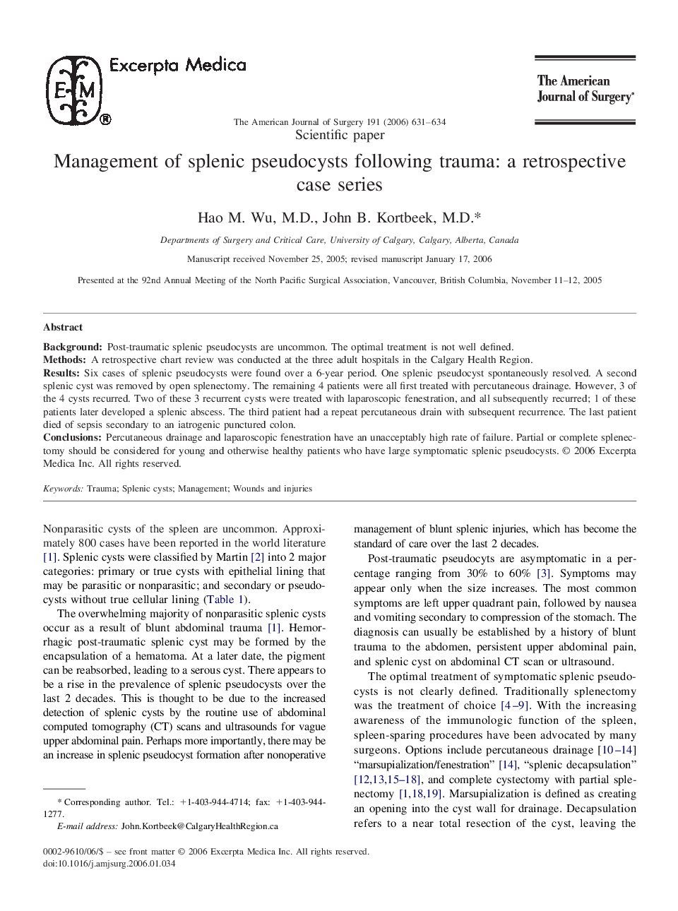 Management of splenic pseudocysts following trauma: a retrospective case series