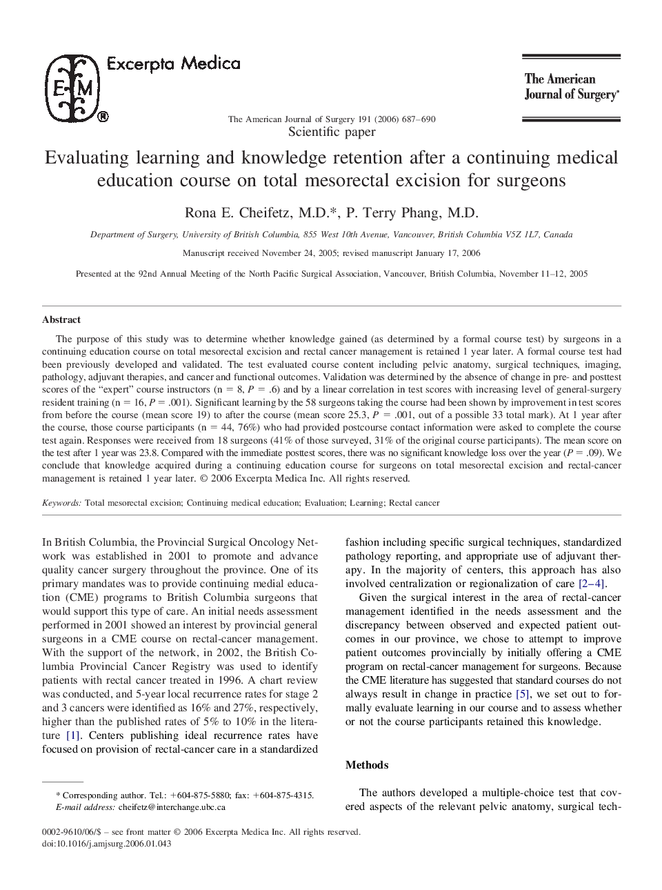 Evaluating learning and knowledge retention after a continuing medical education course on total mesorectal excision for surgeons