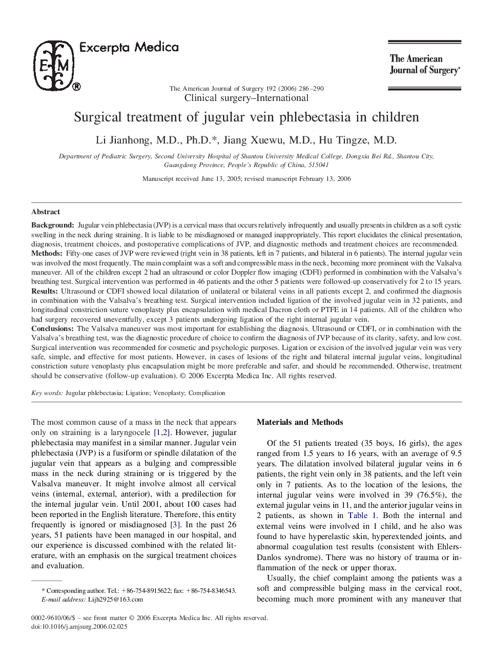 Surgical treatment of jugular vein phlebectasia in children