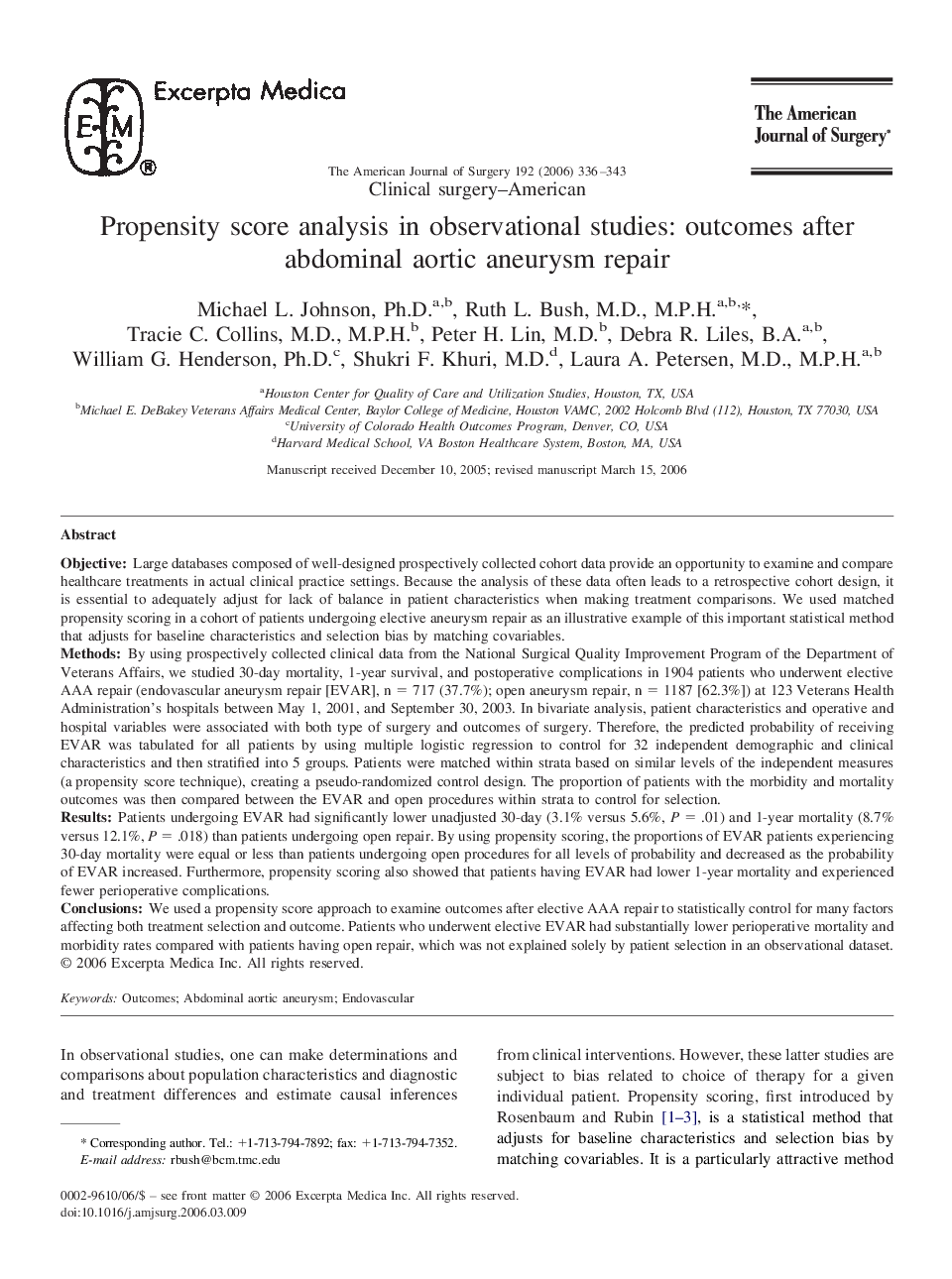 Propensity score analysis in observational studies: outcomes after abdominal aortic aneurysm repair