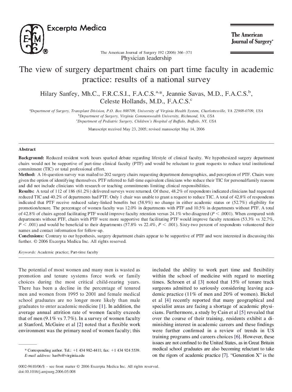 The view of surgery department chairs on part time faculty in academic practice: results of a national survey