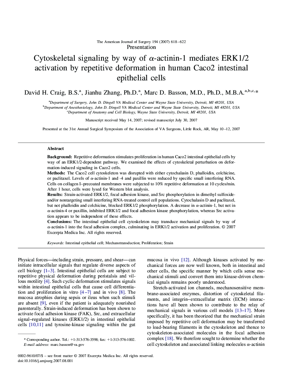 Cytoskeletal signaling by way of α-actinin-1 mediates ERK1/2 activation by repetitive deformation in human Caco2 intestinal epithelial cells