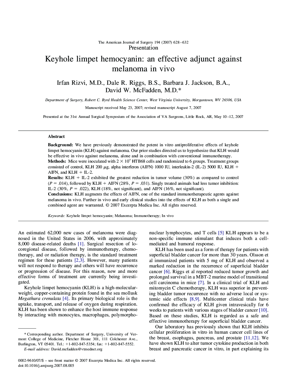 Keyhole limpet hemocyanin: an effective adjunct against melanoma in vivo