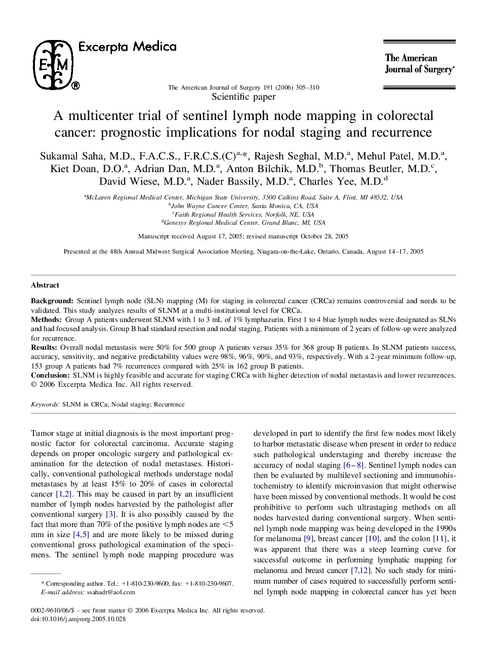 A multicenter trial of sentinel lymph node mapping in colorectal cancer: prognostic implications for nodal staging and recurrence