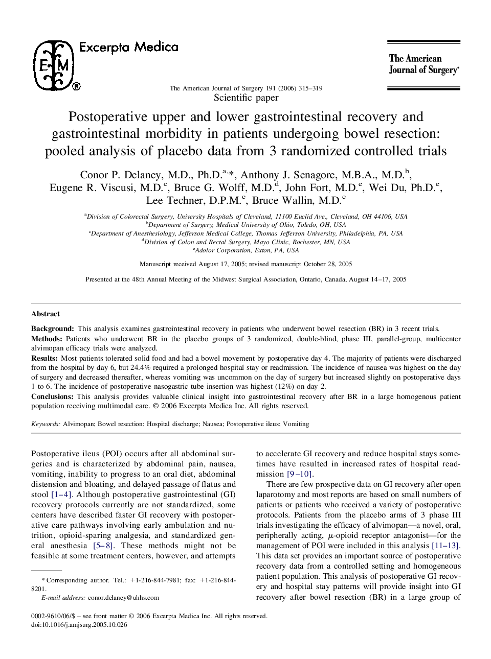 Postoperative upper and lower gastrointestinal recovery and gastrointestinal morbidity in patients undergoing bowel resection: pooled analysis of placebo data from 3 randomized controlled trials