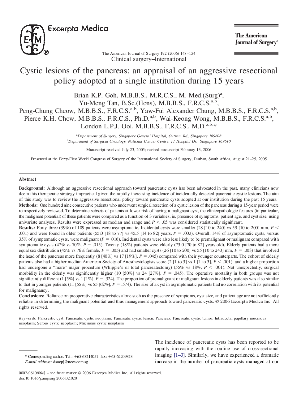 Cystic lesions of the pancreas: an appraisal of an aggressive resectional policy adopted at a single institution during 15 years