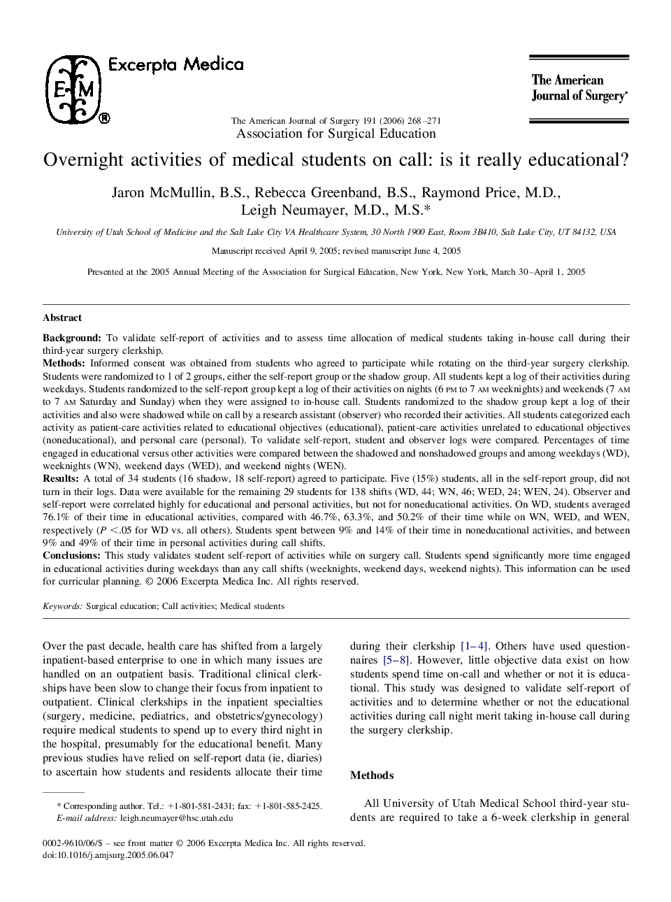 Overnight activities of medical students on call: is it really educational?