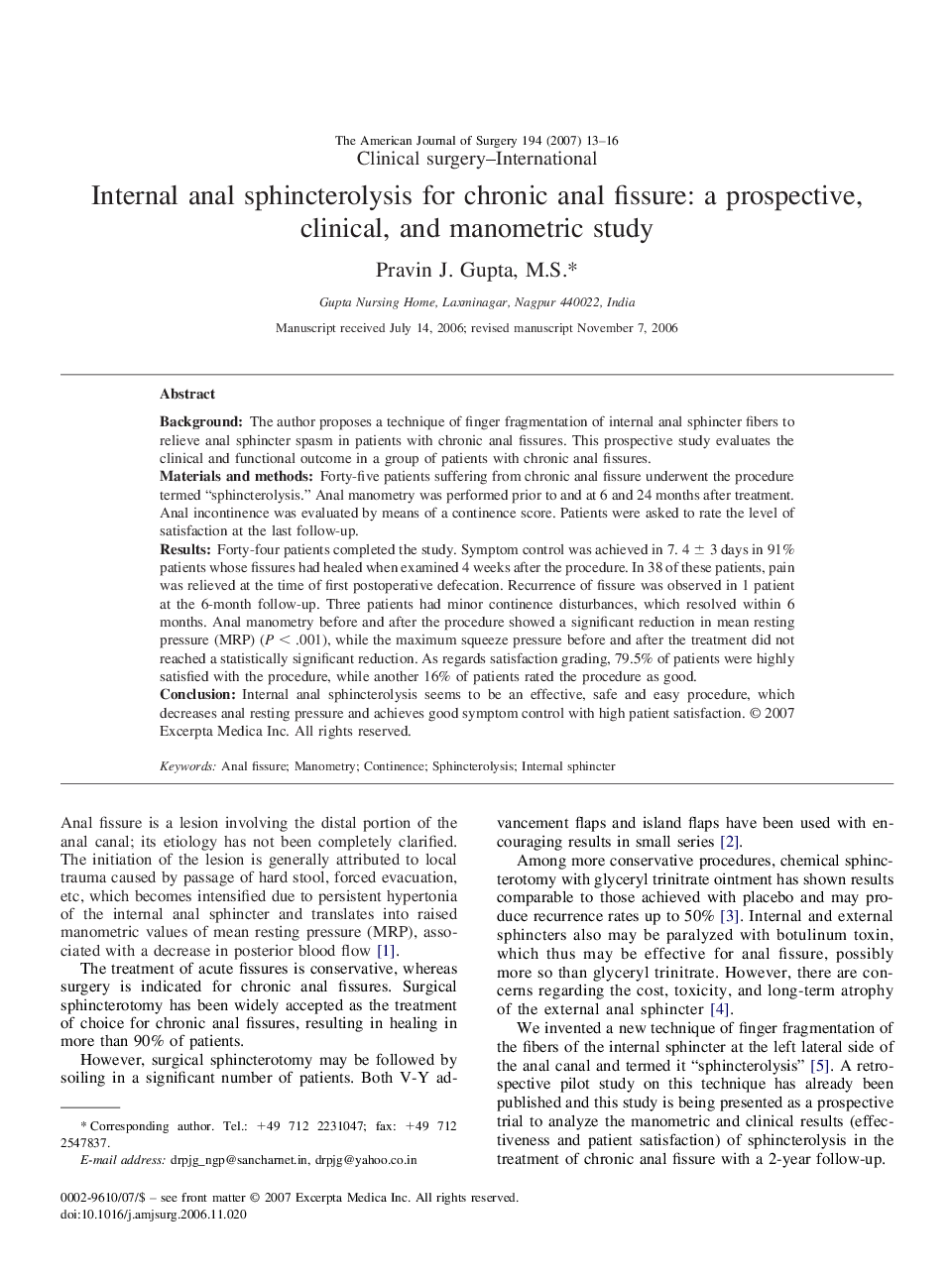 Internal anal sphincterolysis for chronic anal fissure: a prospective, clinical, and manometric study