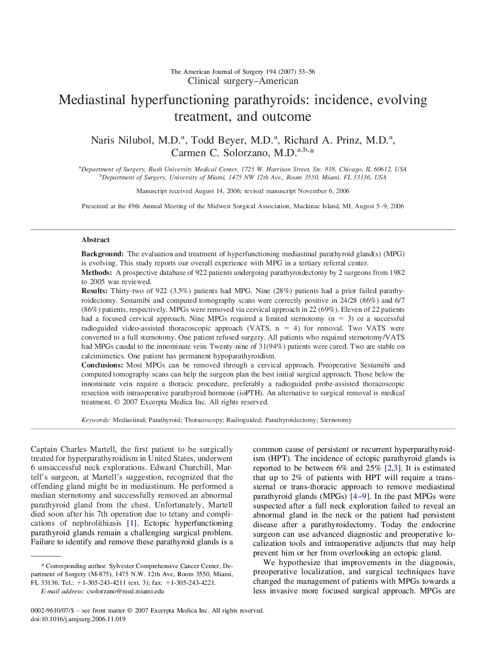 Mediastinal hyperfunctioning parathyroids: incidence, evolving treatment, and outcome