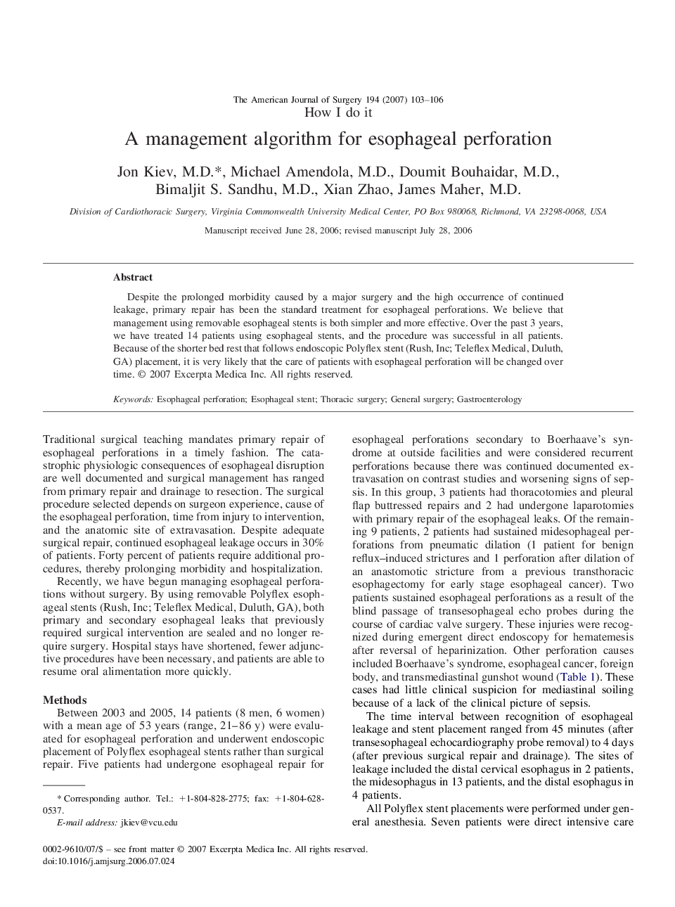 A management algorithm for esophageal perforation