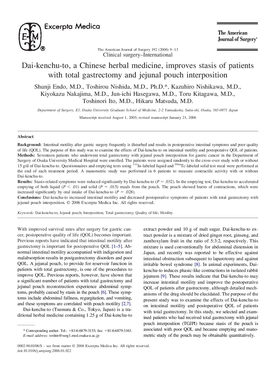 Dai-kenchu-to, a Chinese herbal medicine, improves stasis of patients with total gastrectomy and jejunal pouch interposition