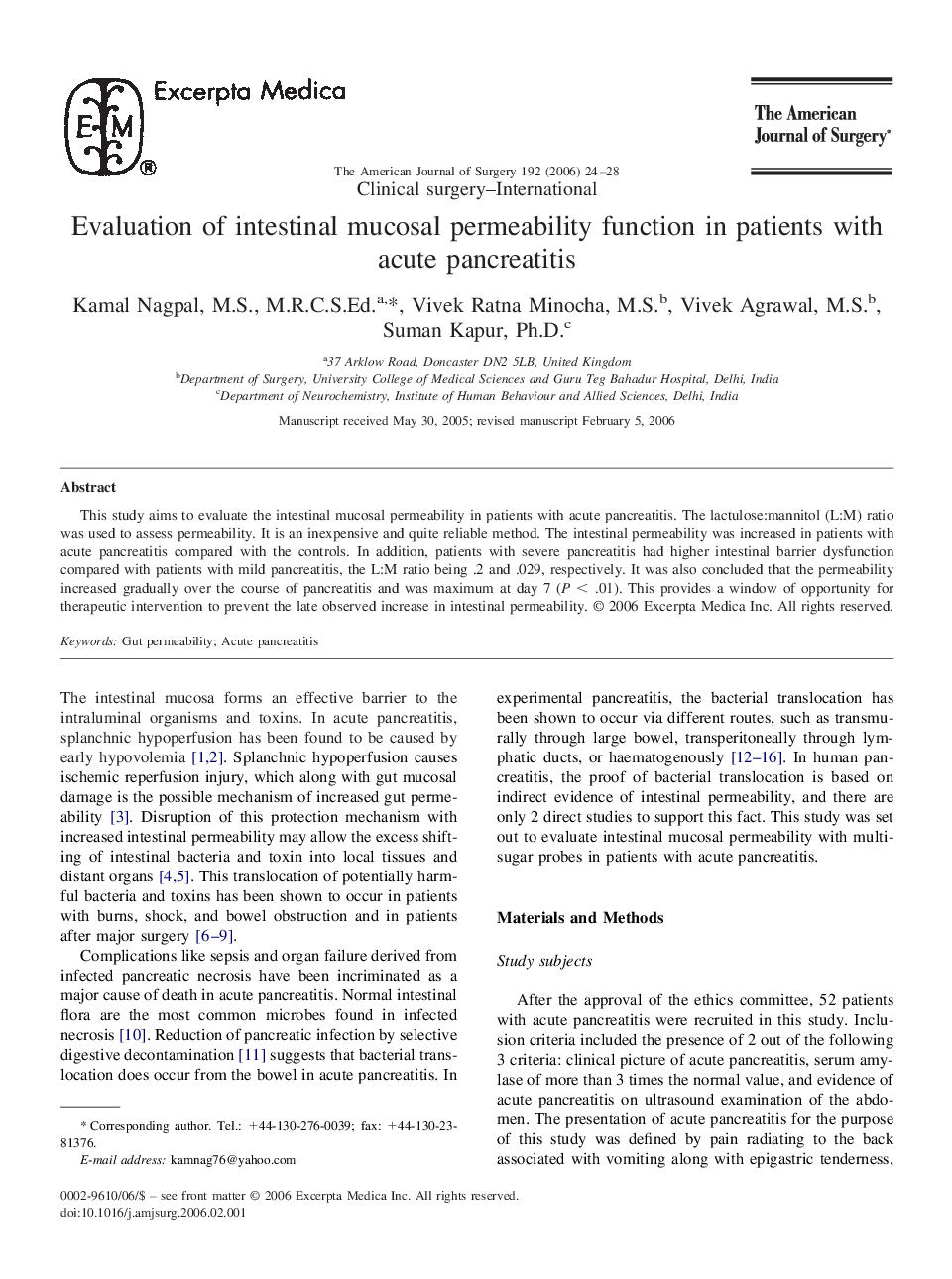 Evaluation of intestinal mucosal permeability function in patients with acute pancreatitis