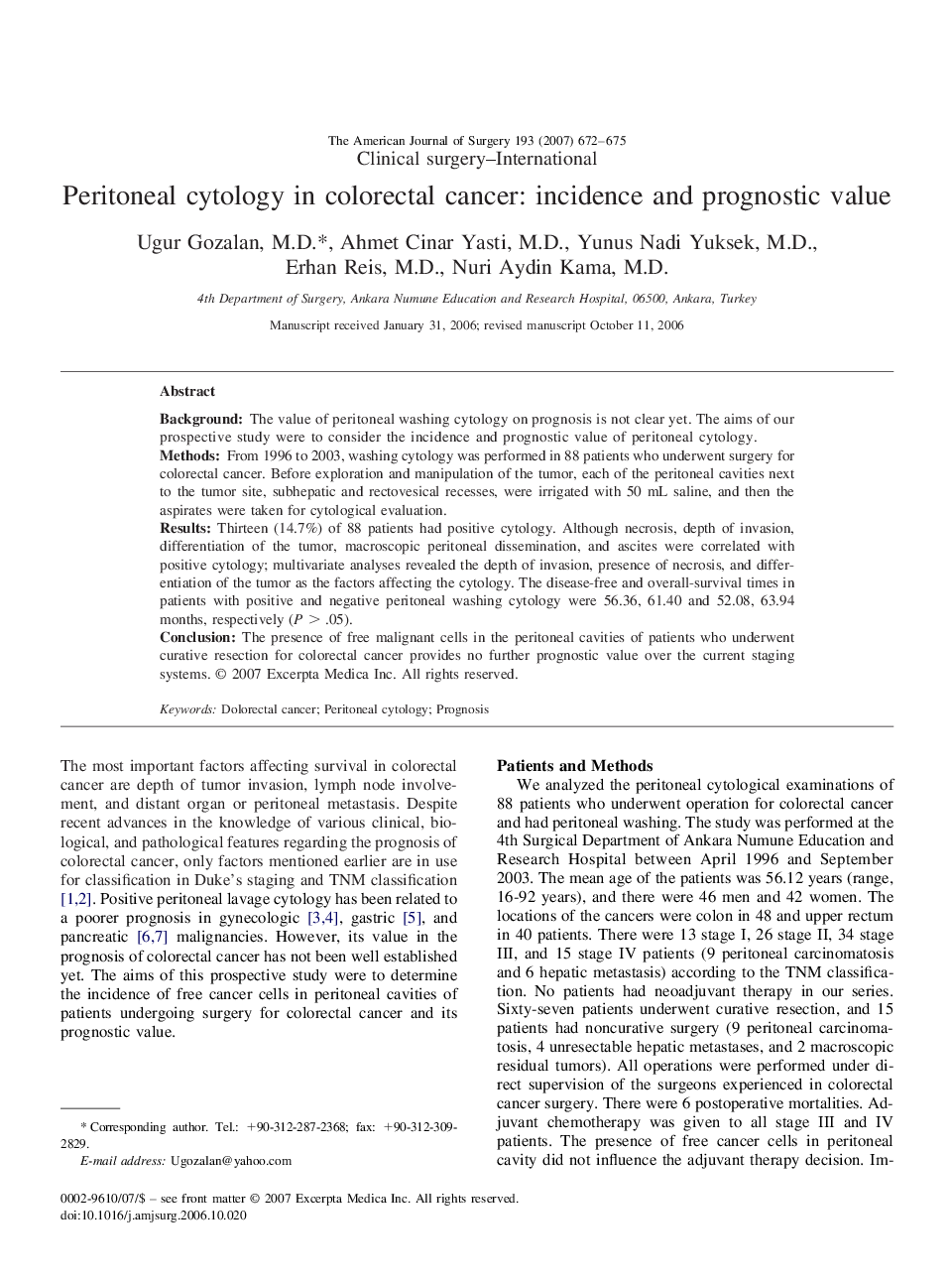 Peritoneal cytology in colorectal cancer: incidence and prognostic value