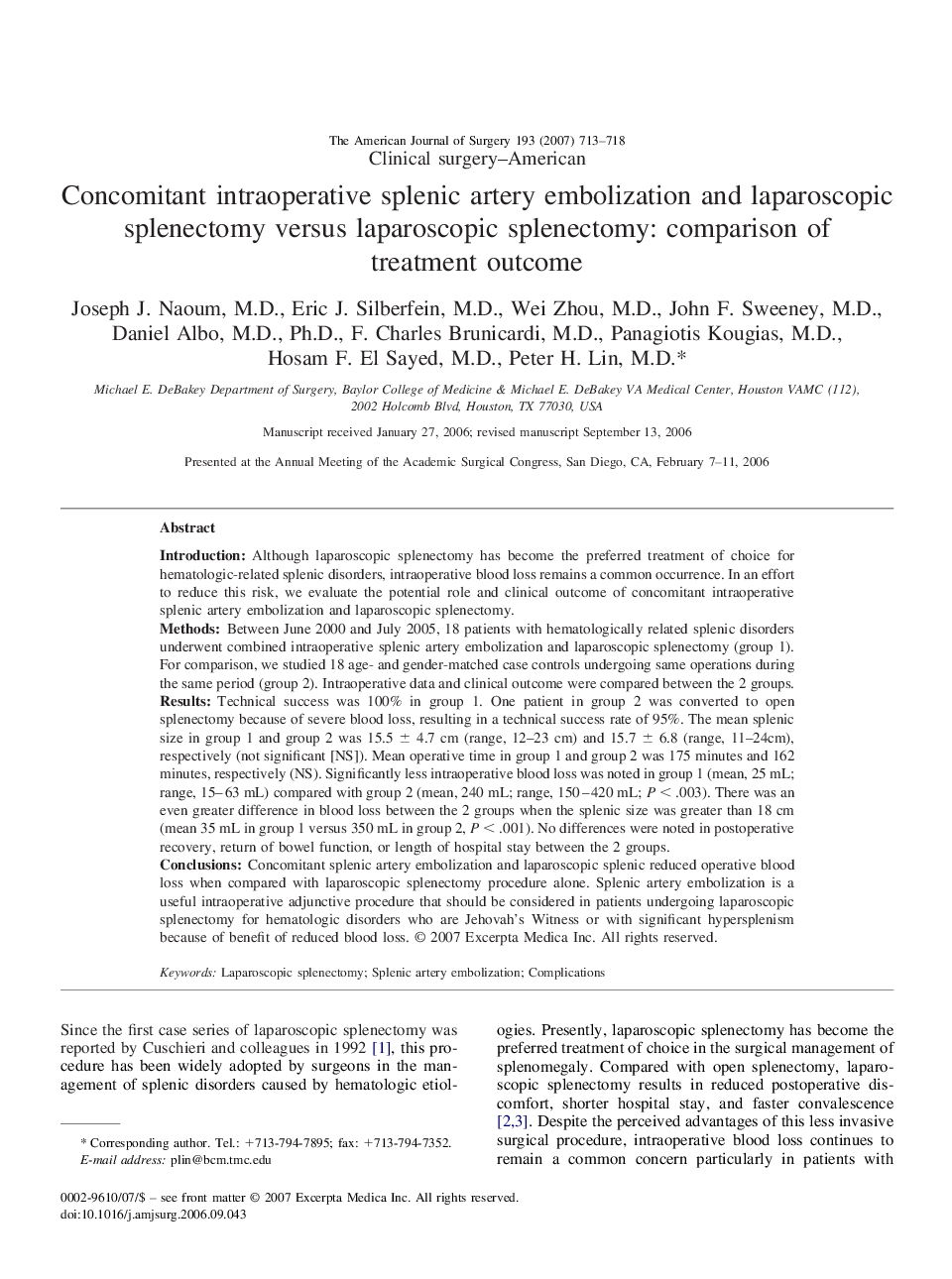 Concomitant intraoperative splenic artery embolization and laparoscopic splenectomy versus laparoscopic splenectomy: comparison of treatment outcome